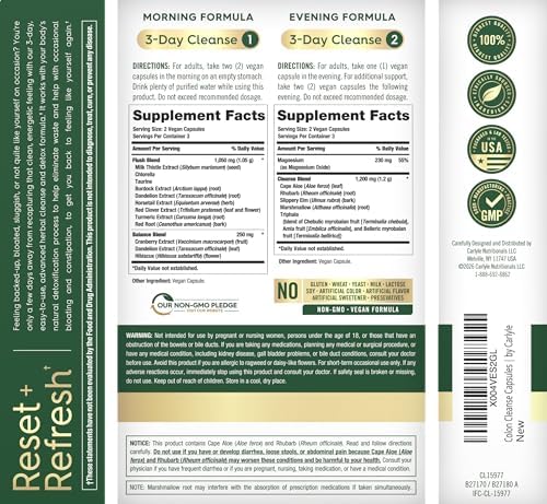 Carlyle Colon Cleanse | 12 Vegan Capsules | 3 Day Cleanse | Advanced Herbal Formula | Support Healthy Bowel Movements | Non-GMO and Gluten Free Supplement