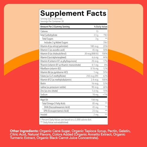 SmartyPants Kids Multivitamin Gummies with Omega 3 DHA/EPA, Vitamins D3, C, B12, B6, A, K, and Zinc, Gluten Free, Clean Label, Three Fruit Flavors, 60 Gummies (30 Day Supply)