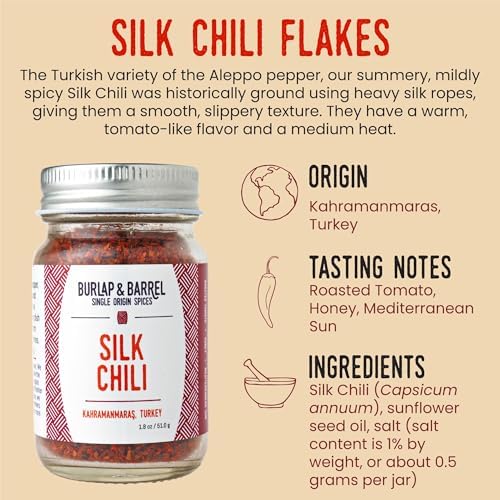Burlap & Barrel Silk Chili Flakes - Mildly Spicy Aleppo Pepper - Flavorful, and Versatile Red Chili Flakes & Seasoning - As Seen On Shark Tank - 1.8oz Glass Jar