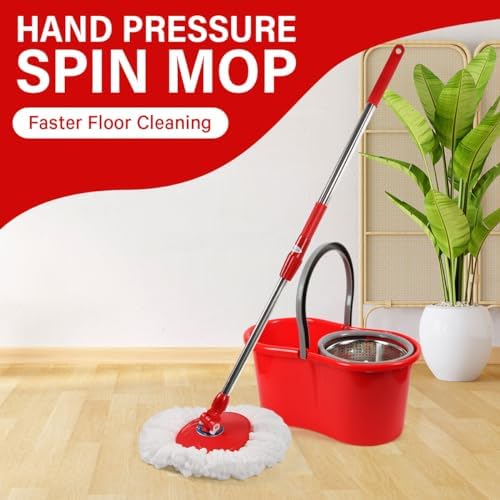 Spin Mop and Bucket with Wringer Set, 360° Spinning Mop and Bucket System with Double Cotton Tip Replacement Heads and Stainless Steel Adjustable Handle for Floor Cleaning (20QT)