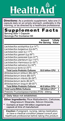 HealthAid UltraProbio, 100 Billion 60ct Once Daily Capsules, Optimum Support 100 Billion with Prebiotic, Acid & Bile Resistant, Dairy & Gluten Free, Non-GMO, Vegan, 14 Viable Strins.