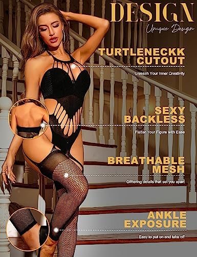 RSLOVE Fishnet Bodystocking for Women – Sleeveless Halter One Piece Lingerie High Stretch Footless Design