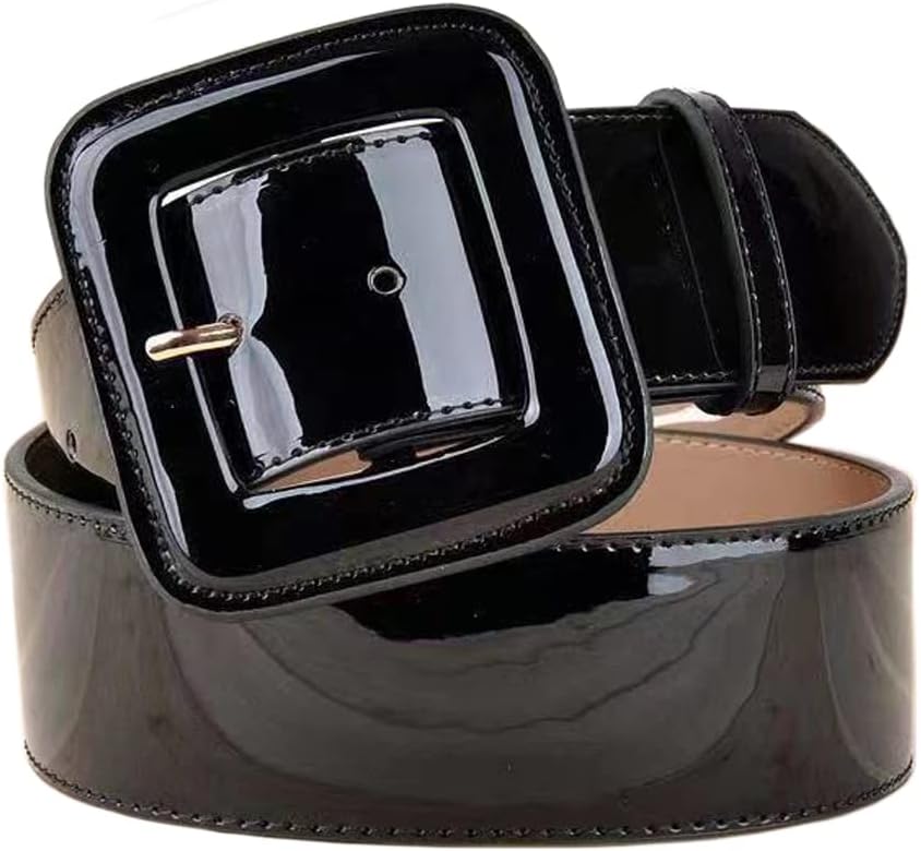 Wide Patent Leather Belt for Womens with Wide Square Buckle Grommet Cinch High Waist Belts for Dress…