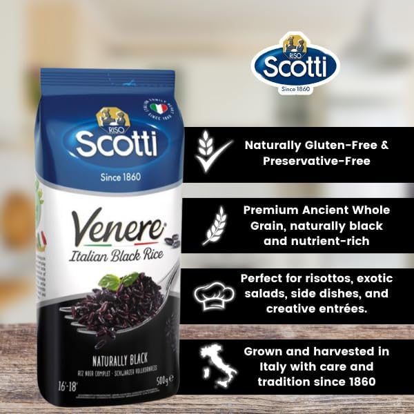 Riso Scotti Black Grain Rice, 2 Pack x 1.1 lb, Product of Italy, Venere, Premium Quality, Wild Ancient Whole Grain Purple Rice, Product of Italy