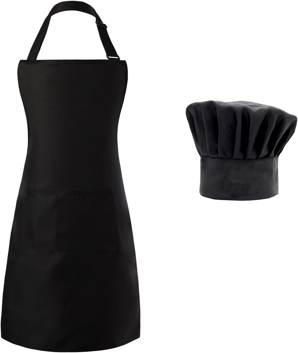 Tosewever Chef Apron Hat Set for Women and Men, Adjustable Bib Apron with 2 Pockets Costume Apron for Father Kitchen Cooking
