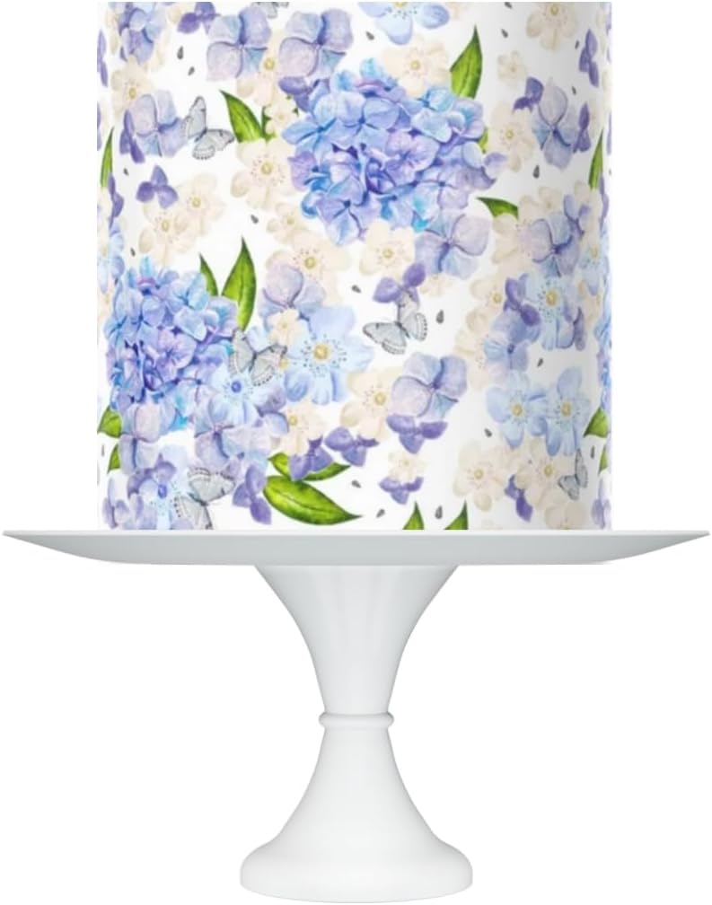 Floral Hydrangea Print Edible Cake Topper Icing Sheet, 8x10 inches, Blue and White baby in bloom flowers garden, blue floral design cake wrap.