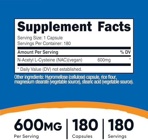 Nutricost N-Acetyl L-Cysteine (NAC) 600mg, 180 Capsules - Non-GMO, Gluten Free