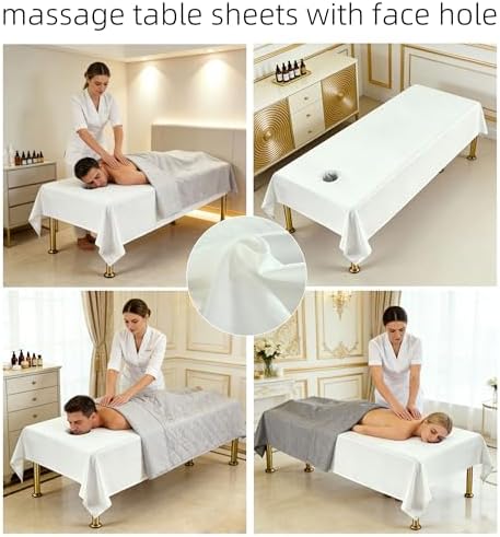Premium Reusable Massage Table Sheets with Face Hole, Bed Cover Professional Massage Linens Fitted Wax Mat for Esthetician Bed, Stain and Wrinkle-Resistant, Machine Washable (White, 48 * 91 Inch)