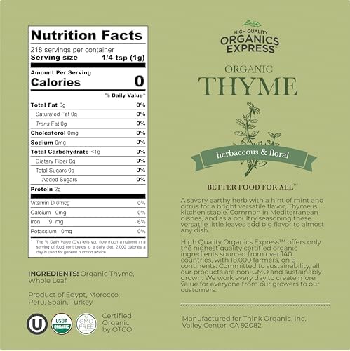 HQOExpress Organic Thyme Leaf – Non GMO, Kosher, USDA Certified Organic Dried Thyme Leaves – Aromatic and Savory Seasoning for Pastas, Soups and Stews, 7 oz. Chef Jar