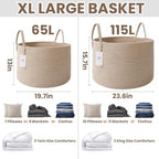 65L Extra Large Blanket Basket for Living Room - Woven Cotton Rope Laundry Hamper with Reinforced Handles - Storage Bin for Pillows, Comforters & Toys - Machine Washable,Oatmeal