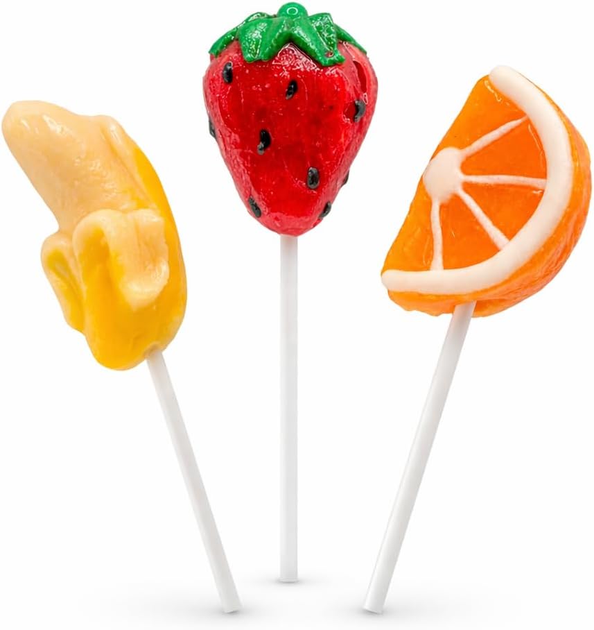 Fruit Shape Lollipops Candy 24ct, Strawberry, Orange, and Banana Flavor, Colorful, Perfect for Displays, Baking Toppers, Refreshing Summer Time Suckers, Individually Wrapped