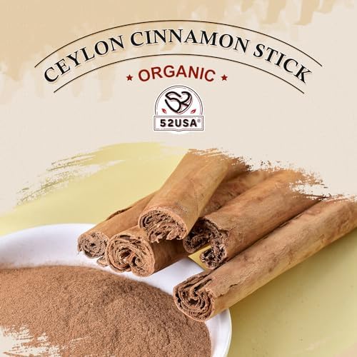 52USA Organic Ceylon Cinnamon Sticks 1 oz, Ceylon Cinnamon Stick Organic, Ceylon Ground Cinnamon farmed in Sri Lanka, Non-GMO, Cinnamon for Coffee, Baking, Cooking and Beverages