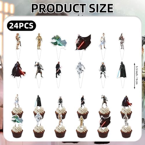 25Pcs Star Wars Birthday Party Supplies Pack Includes 1 Cake Topper 24 Cupcake Toppers for Star Wars Party Supplies