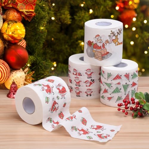 EXCEART 5 Rolls Christmas Toilet Paper, Printed Disposable Napkins Tissue for Xmas Fun Party, Novelty Gag Bathroom Decor