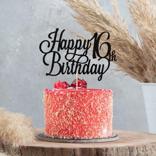 Happy 16th Birthday Cake Topper, Black Glitter 16 & Fabulous/Hello 16th Birthday Anniversary Party Cake Decorations Supplies