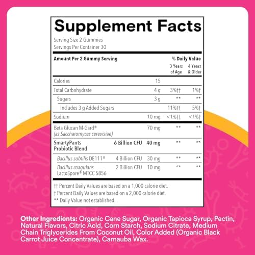 SmartyPants Kids Probiotic & Prebiotic Gummies for Digestive Health: Gut Health Supplement, Clinically Studied Prebiotic for Immune Support, Strawberry, 60 Count (30 Day Supply)