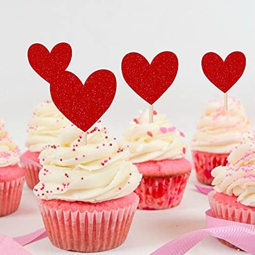 30 PCS Heart Cupcake Toppers Glitter Sweet Love Theme Cupcake Picks Wedding Engagement Bridal Shower Birthday Valentine's Day Party Cake Decorations Supplies Mixed Size Red