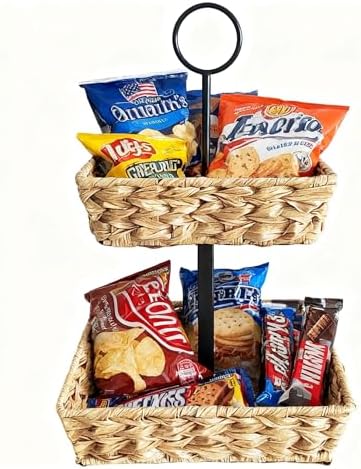 2 Tier Wire Fruit Basket with Rattan | Square Metal Standing Baskets| Handwoven Fruit and Vegetable Storage Organizer |Stackable Candy Organizer|Multi-Function Snack Rack&Shelf for Chips