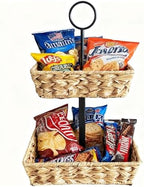 2 Tier Wire Fruit Basket with Rattan | Square Metal Standing Baskets| Handwoven Fruit and Vegetable Storage Organizer |Stackable Candy Organizer|Multi-Function Snack Rack&Shelf for Chips