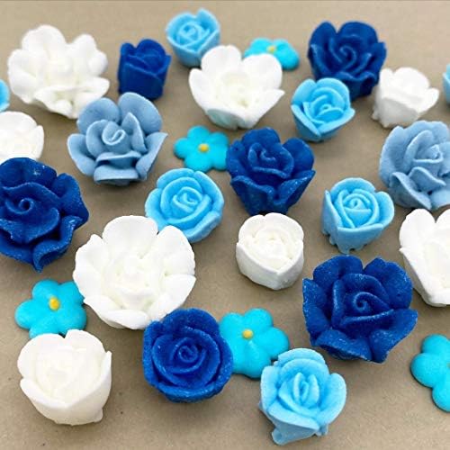 30 Azul Bloom Icing Flowers – Edible Blue & White Roses | Small Royal Icing Flowers | Cake Sprinkles & Decorations by Simply Sucré