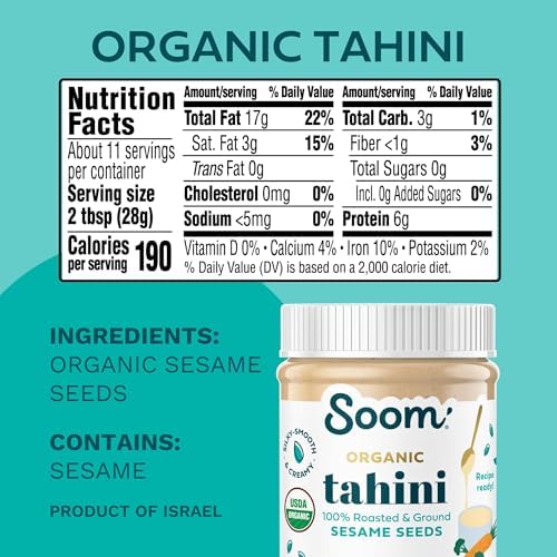 Soom Foods Organic Tahini 11oz (1 Pack) | Roasted & Ground Sesame Seed Paste | Creamy Tahini for Dubai Chocolate, Hummus, Sauces | Vegan, Nut-Free, Gluten-Free, Kosher, Keto, Paleo, Whole30