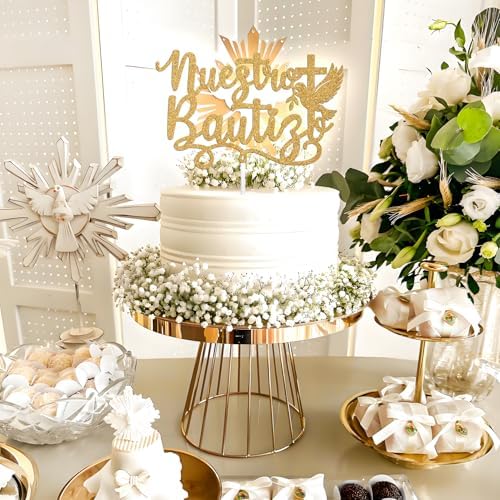 Nuestro Bautizo Cake Topper, Spanish First Holy Communion, Cross Dove My Confirmation, Religious Baptism First Birthday Christening Baby Shower Party Decorations Supplies, Gold Glitter