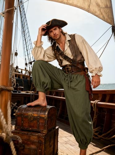 Men's Medieval Pirate Pants Linen Renaissance Viking Costume Trousers Baggy Harem Linen Pants for Cosplay
