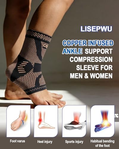 LISEPWU Copper Ankle Brace, Copper Infused Ankle Support Compression Sleeve for Men & Women, for Foot Pain Relief, Sprained Recovery, Achilles Tendonitis, Daytime or Night Use(L)