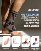 LISEPWU Copper Ankle Brace, Copper Infused Ankle Support Compression Sleeve for Men & Women, for Foot Pain Relief, Sprained Recovery, Achilles Tendonitis, Daytime or Night Use(XL)