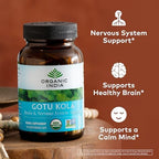 ORGANIC INDIA Gotu Kola Herbal Supplement - Adaptogen for Brain & Nervous System Support, Vegan, Gluten-Free, Kosher, USDA Certified Organic, Non-GMO, Calming, Mental Clarity - 90 Capsules