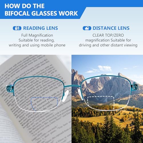 Progressive Multifocal Reading Glasses Women No Line Bifocal Readers with Nose Pad Metal Half Frame Mid-Near Range