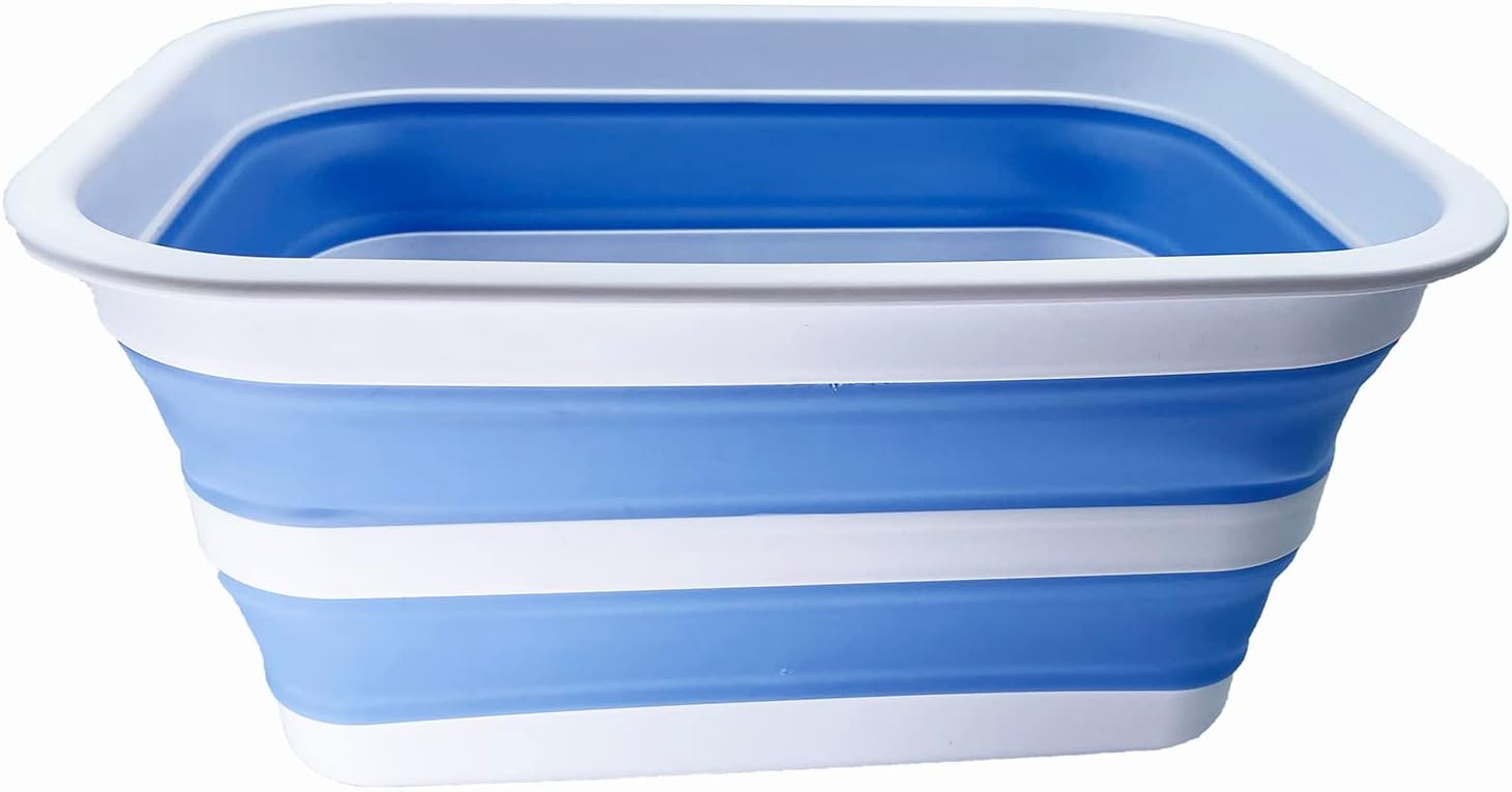 SAMMART 12L (3.17Gallon) Collapsible Tub - Portable Outdoor Picnic Tray - Portable Washing Basin - Space Saving Plastic Washtub (White/Baby Blue)