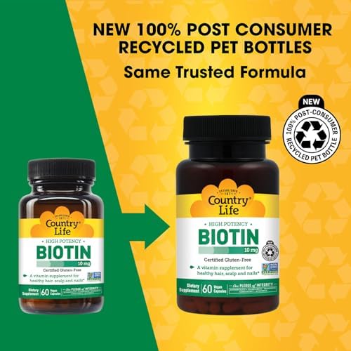 Country Life Vitamins High Potency Biotin 10,000 mcg (10 mg), 60 Count - Supplement for Hair, Scalp & Nails - Certified Gluten Free