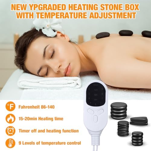 Hot Stones Massage Set 18 Pieces Basalt Hot Rocks Massage Rocks Kit Black Smooth Stones for Professional Home Spa Warming Relaxing Pain Relief, Constant 50°c (122°f)(Adjustable Temperature)