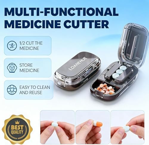 Precision Pill Cutter for Small and Tiny Pills, Sharp Blade with Storage Compartment, Travel-Friendly 1/2 1/3 Pill Splitter for Home/On-The-Go, Black