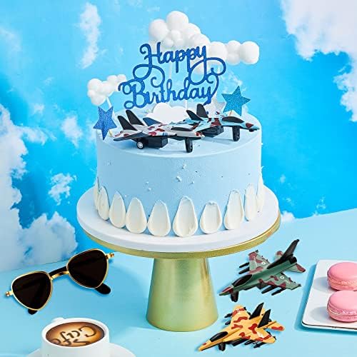 Deekin 24 Pack Airplane Cake Topper Air Force Happy Birthday Cake Decoration with Fighter Mini Sunglasses Blue Insert Signs Cloud Decorations for Airplane Theme Birthday Party Decor Supplies