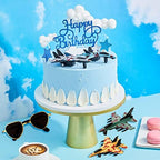 Deekin 24 Pack Airplane Cake Topper Air Force Happy Birthday Cake Decoration with Fighter Mini Sunglasses Blue Insert Signs Cloud Decorations for Airplane Theme Birthday Party Decor Supplies