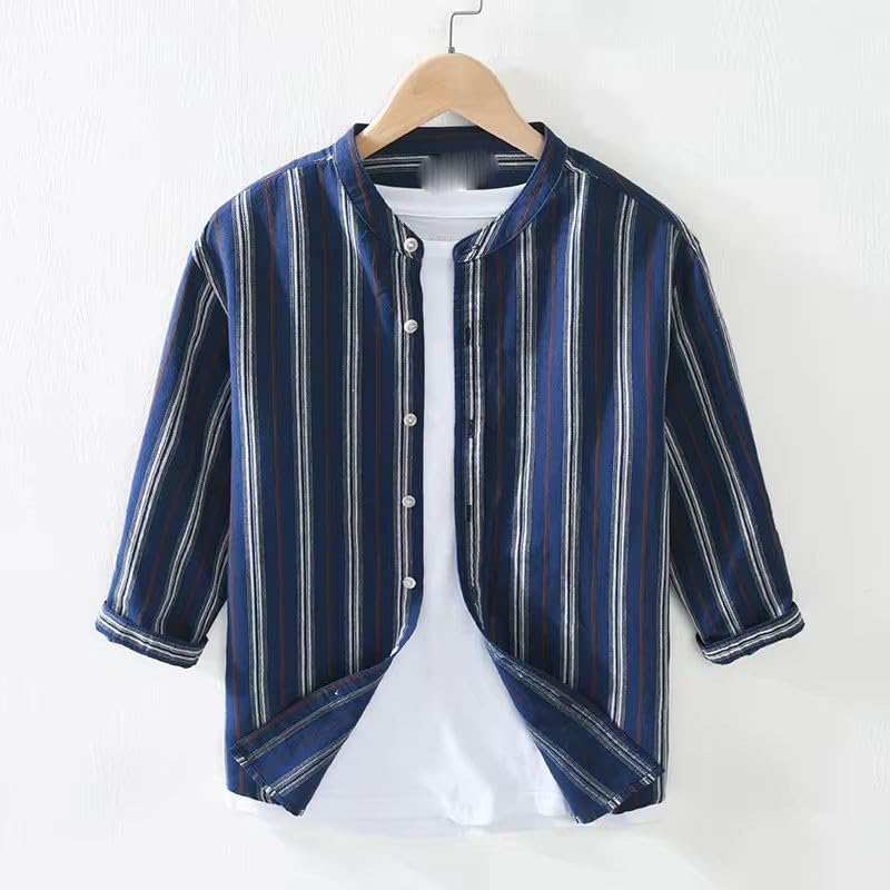 Men's Linen Three Quarter Sleeve Vertical Striped Shirt Loose Cotton Linen Half Sleeve Stand Collar Small Shirt