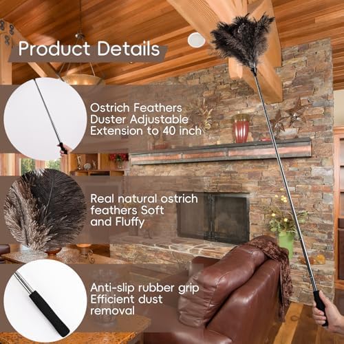 THARAHT Extendable Ostrich Feather Duster up to 16-47 inches Fluffy Feathers Long Handle Reusable for Cleaning Ceiling Fan Pendant lamp High Ceiling Blinds Furniture Feather Duster
