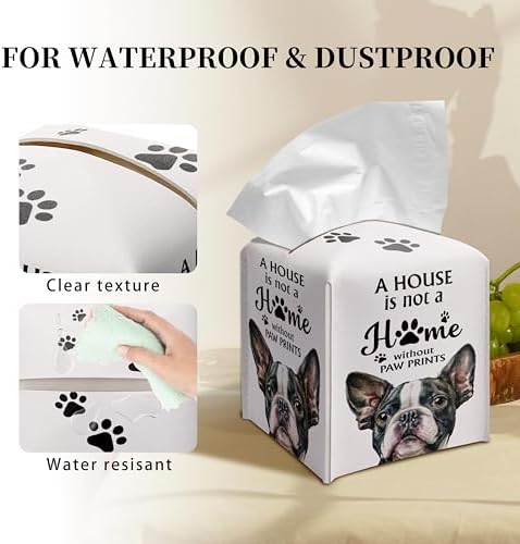 Grace Yonks Cute French Bulldog Tissue Box Cover Square, French Bulldog Dog Cube Case for Facial Tissues, 5.2" PU Leather(028)