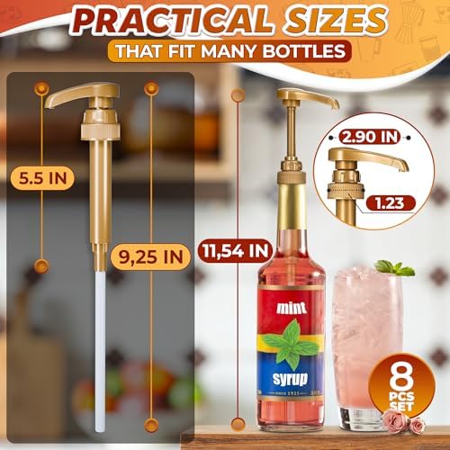 8 PCs Coffee Syrup Pumps - 9.25" Closed/11.54" Open Coffee Syrup Dispenser Pump - Fits Many 25.4 oz Bottles, Precise Dispensing, Lockable Mechanism, Easy to Use & Clean | Works with Liquids & Pastes