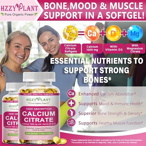 Calcium Supplements for Women Softgels, High Absorption Calcium Citrate Supplement Essential Mineral Calcium 1200 mg with Vitamin D3 Magnesium for Bone Health Support, Non-GMO, 2 Month Supply