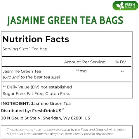 FreshDrinkUS, Premium 135 Jasmine Green Tea Bags, 100% Natural & Pure from Jasmine Green Herbal Tea. Made with Natural Material Tea Bags. No Sugar, No Caffeine, No Gluten, Vegan.