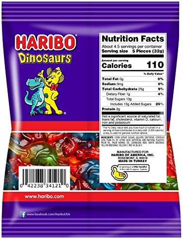 HARIBO Gummi Candy, Dinosaurs Gummy Candy, 5 Ounce Share Size Bags (Pack of 12) Delicious Soft & Chewy Sweet Snacks, Assorted Fruity Flavors