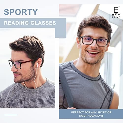 EASY READ 2 Pairs Sporty Style Reading Glasses for Men，Rectangular TR90 Blue Light Blocking Readers with Spring Hinge