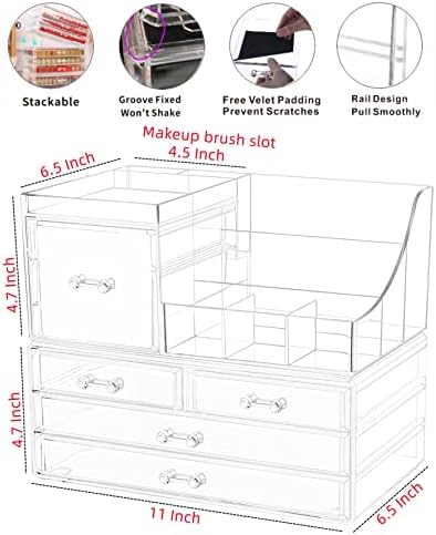 Cq acrylic 2 Pack Clear Make up Organizer Countertop,Stackable 5 Drawers Makeup Storage,Cute Vanity Organizers for dresser Hair Clip,Jewelry,Beauty Product Desk and Bathroom Organizers and Storage