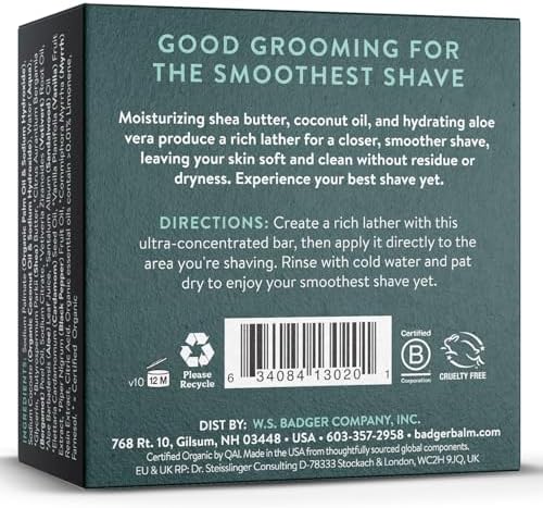 Badger Shaving Soap Puck, Organic Moisturizing Shave Soap Bar, Rich Lasting Lather, Light Natural Scent, Plastic Free & Vegan Shave Soap for Men & Women, 3.15 oz Bar