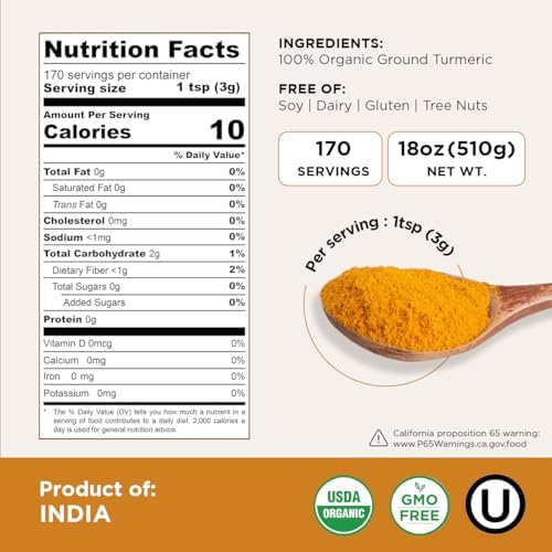 HQOExpress Organic Ground Turmeric Powder – USDA Organic, Non‑GMO, Kosher, Lab Tested –Chef Jar (18 oz) – Sustainably Grown, Traceable, Legacy Brand Since 1977