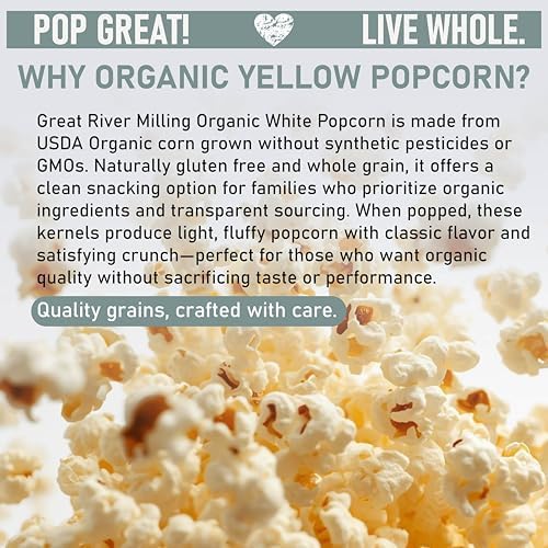 Great River Milling Organic White Popcorn Kernels | USDA Organic, Healthy Non-GMO Popping Corn | Naturally Gluten Free, Light, Fluffy, Crunchy Popcorn for Stovetop, Air Popper, Whirley Pop | 3 Lb