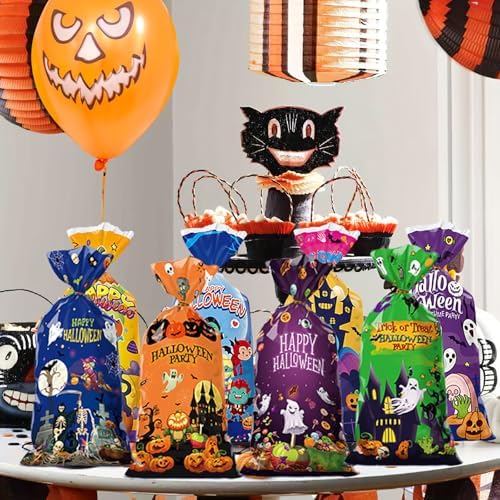 Lodeihoo Halloween Cellophane Treat Bags, 100 PCS Halloween Plastic Candy Bags with 100 PCS Twists 8 Styles for Kids Treat or Trick Party Supplies for Snacks Candy Cookies Packing